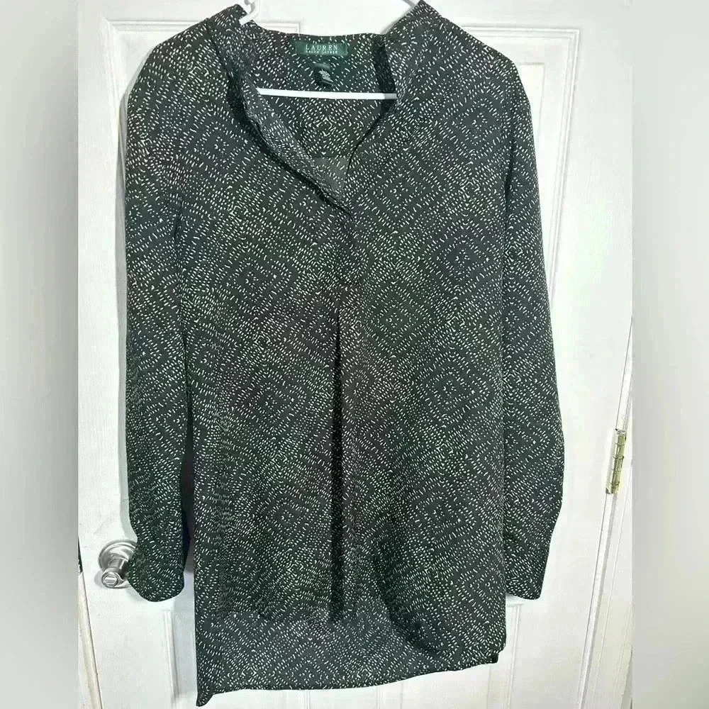 Lauren Ralph Lauren 1/4 Button Up Tunic. Black & gold longer in back. Size Large